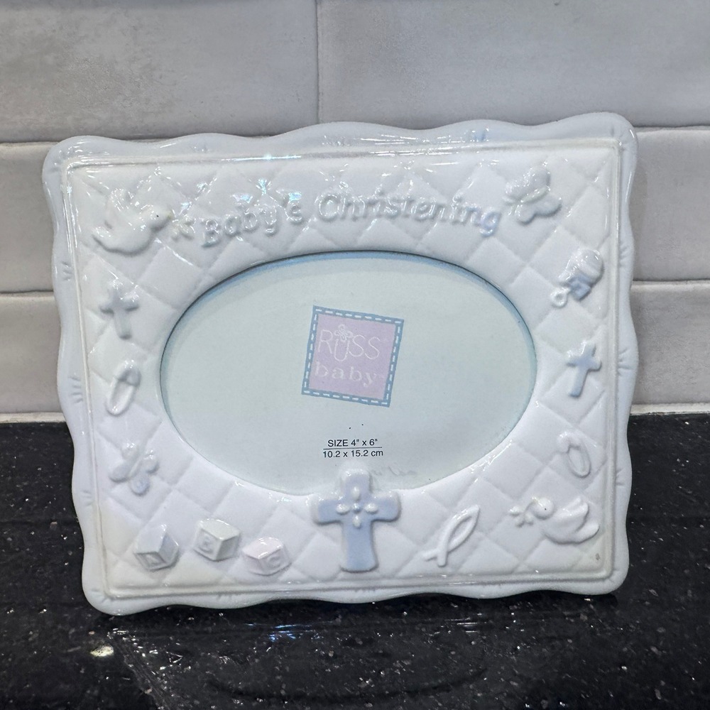 Russ Baby Ceramic Christening Picture Frame White Blue 4x6 Oval Baptism Keepsake